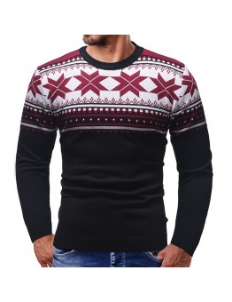 Men’s Christmas Snowflake Printing Patchwork Long Sleeve Crew Neck Casual Sweaters