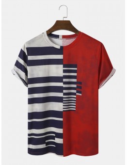 Men Stylish Asymmetric Striped Print Patchwork O Neck Hem Cuff Casual T  Shirts LU MINGKUN-Exclusive link