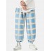 Mens Plaid Relaxed Fit Drawstring Cuff Pants With Pocket Mens Plaid Relaxed Fit Drawstring Cuff Pants With Pocket