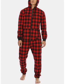 Mens Plaid Zipper Front Kangaroo Pocket Hooded One Piece Jumpsuit Home Warm Sleepwear
