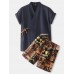 Mens Cotton Vintage Print V Neck Tie Side Kimono Relaxed Fit Short Pajamas Sets Mens Cotton Vintage Print V Neck Tie Side Kimono Relaxed Fit Short Pajamas Sets