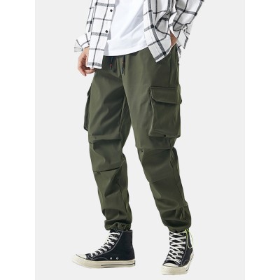 Mens Solid Applique Cotton Drawstring Cuff Cargo Pants With Multi Pockets Mens Solid Applique Cotton Drawstring Cuff Cargo Pants With Multi Pockets