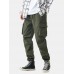 Mens Solid Applique Cotton Drawstring Cuff Cargo Pants With Multi Pockets Mens Solid Applique Cotton Drawstring Cuff Cargo Pants With Multi Pockets
