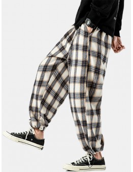 Mens Plaid Casual Drawstring Cuff Pants With Pocket