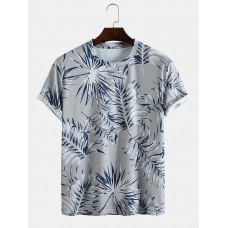 Mens Tropical Plant Print Crew Neck Holiday Short Sleeve T  Shirts