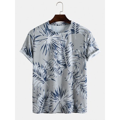 Mens Tropical Plant Print Crew Neck Holiday Short Sleeve T Shirts Mens Tropical Plant Print Crew Neck Holiday Short Sleeve T Shirts