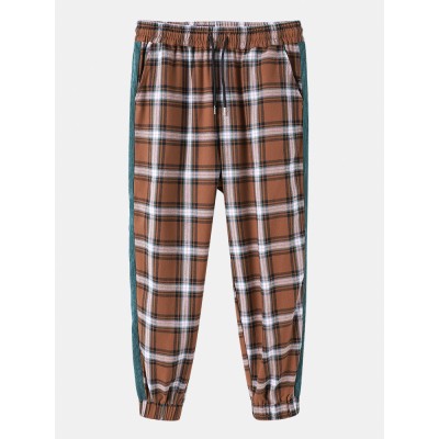 Mens Plaid Side Patchwork Drawstring Elastic Waist Casual Cotton Jogger Pants