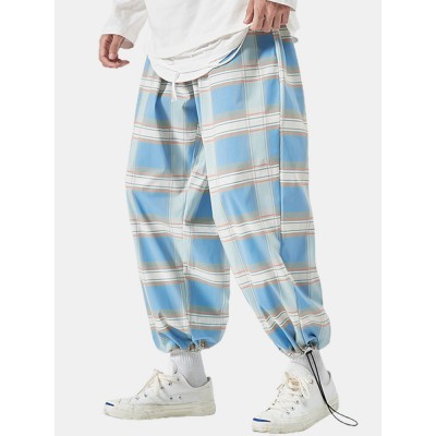 Mens Plaid Relaxed Fit Drawstring Cuff Pants With Pocket Mens Plaid Relaxed Fit Drawstring Cuff Pants With Pocket