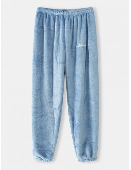 Mens Letter Embroidered Thicken Flannel Elastic Cuff Pants Warm Sleep Bottoms