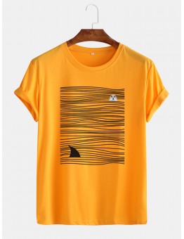 Mens Shark   Line Print Round Neck Short Sleeve Cute T  Shirts