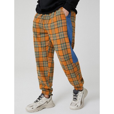 Mens Plaid Side Patchwork Drawstring Cotton Jogger Pants With Pocket Mens Plaid Side Patchwork Drawstring Cotton Jogger Pants With Pocket