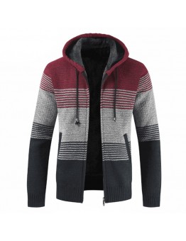 Mens Thick Velvet Casual Thermal Knitting Cardigans Hooded Color Matching Sweaters
