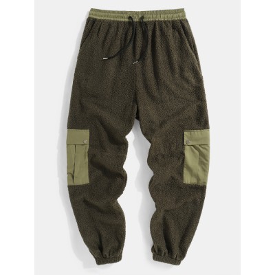 Mens Plush Thick Multi Pocket Casual Drawstring Waist Jogger Pants Mens Plush Thick Multi Pocket Casual Drawstring Waist Jogger Pants