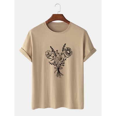Mens Flower Line Print Round Neck Short Sleeve Shirt Mens Flower Line Print Round Neck Short Sleeve Shirt