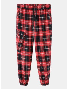 Mens Vintage Plaid Multi Pocket Cotton Jogger Pants