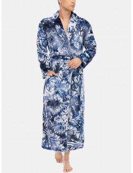 Mens Tie Dye Flannel Thick Pocket Long Sleeve Calf  Length Home Sleepwear Robes