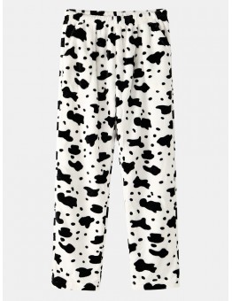 Mens Cows Pattern Thick Elastic Waist Plush Loose Pants Home Sleep Pants